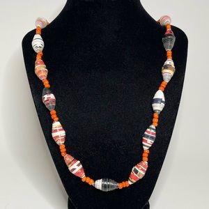 Handmade Recycle Paper Bead Necklace Multiple Colors Orange Glass Beads Spacers